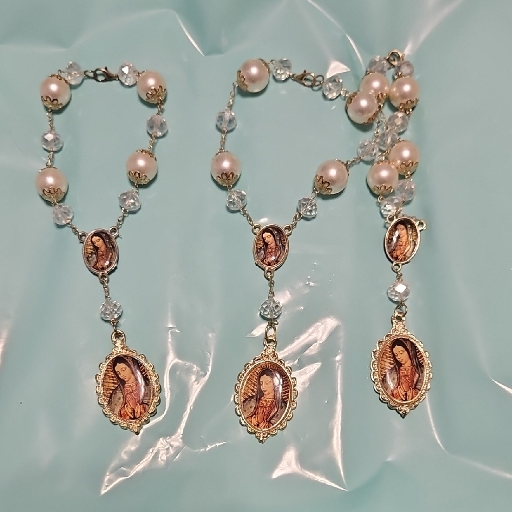 Gold-Tone Pearl Rosary Necklace with Religious Medallion - White Pearls
